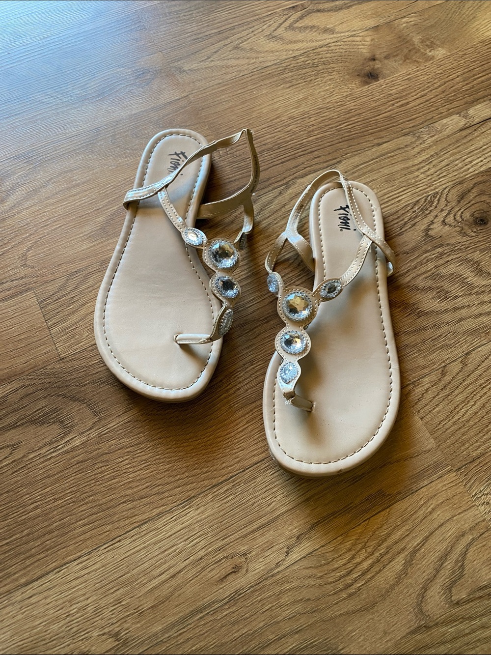 Beige Jeweled T-Strap Sandals - Women